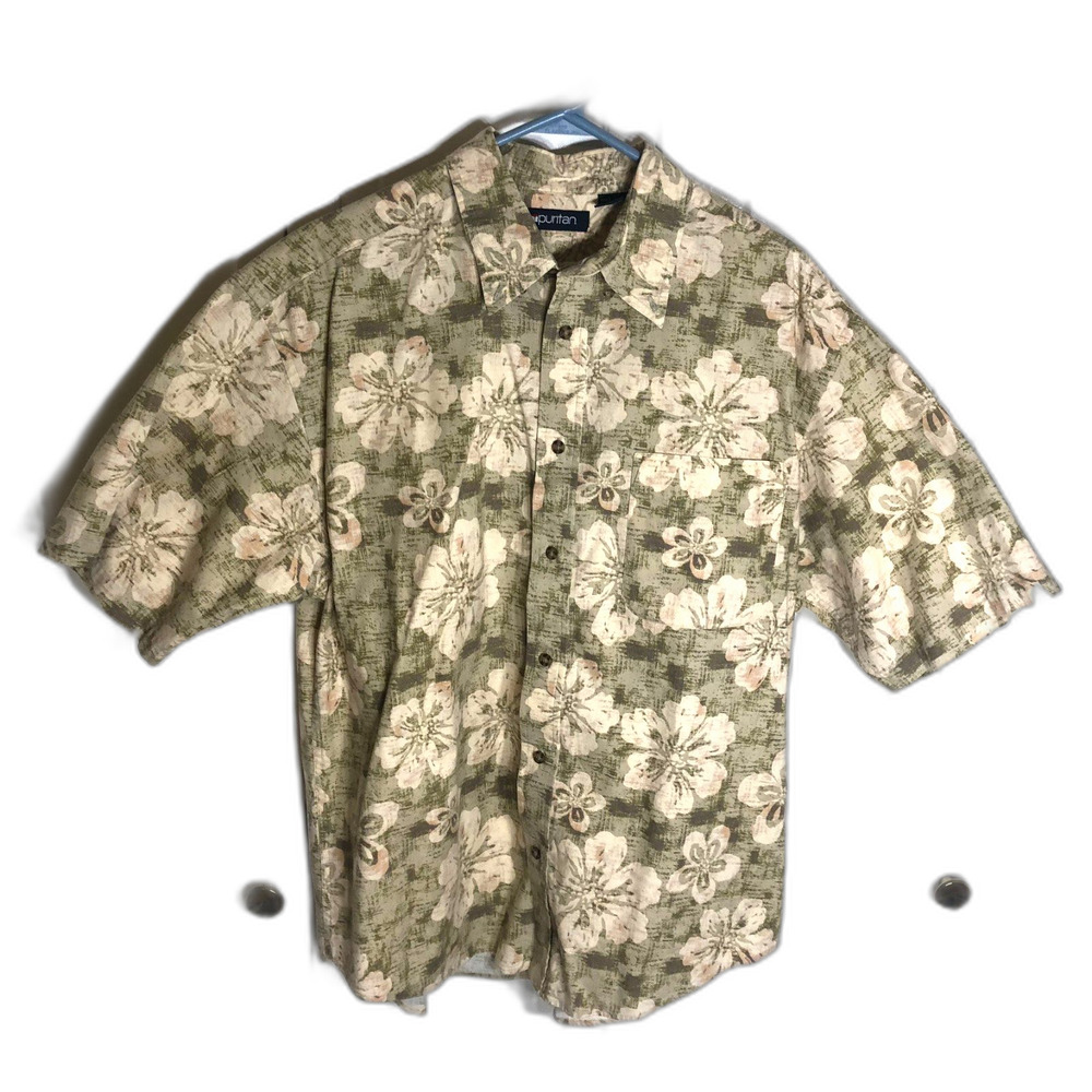 Puritan Men's L Large 100% Cotton Hawaiian Aloha Floral Shirt Khaki Green Beige